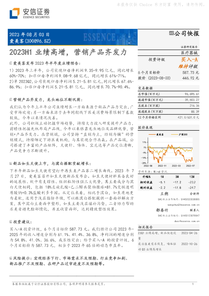 安信证券：爱美客（300896）-2023H1业绩高增，营销产品齐发力