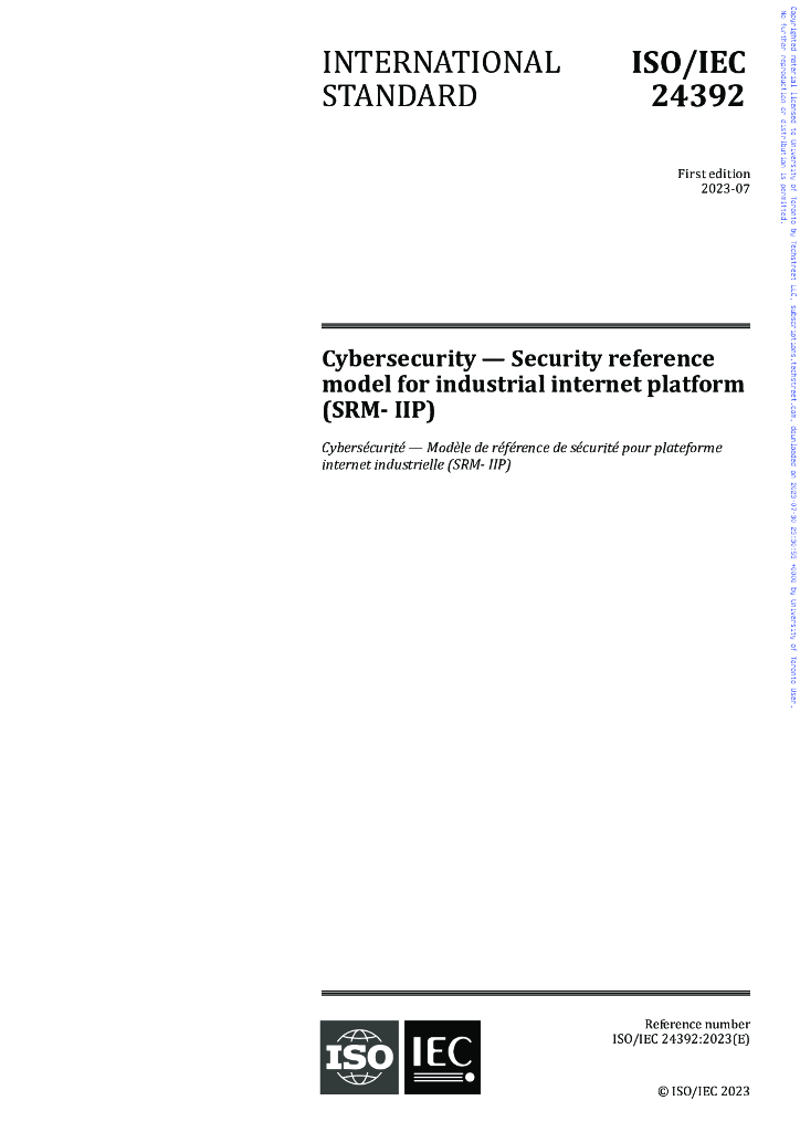ISO/IEC 24392-2023 Cybersecurity—Security reference model for industrial internet platform(SRM-IIP)