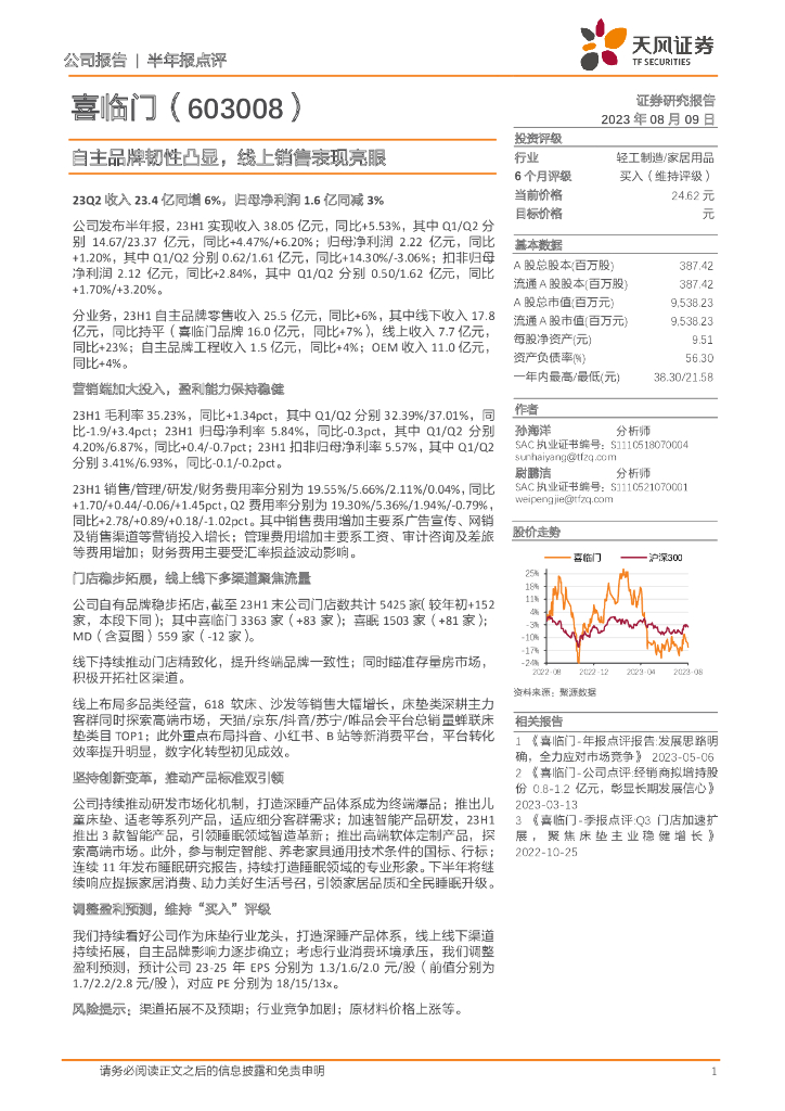 天风证券：喜临门（603008）-自主品牌韧性凸显，线上销售表现亮眼