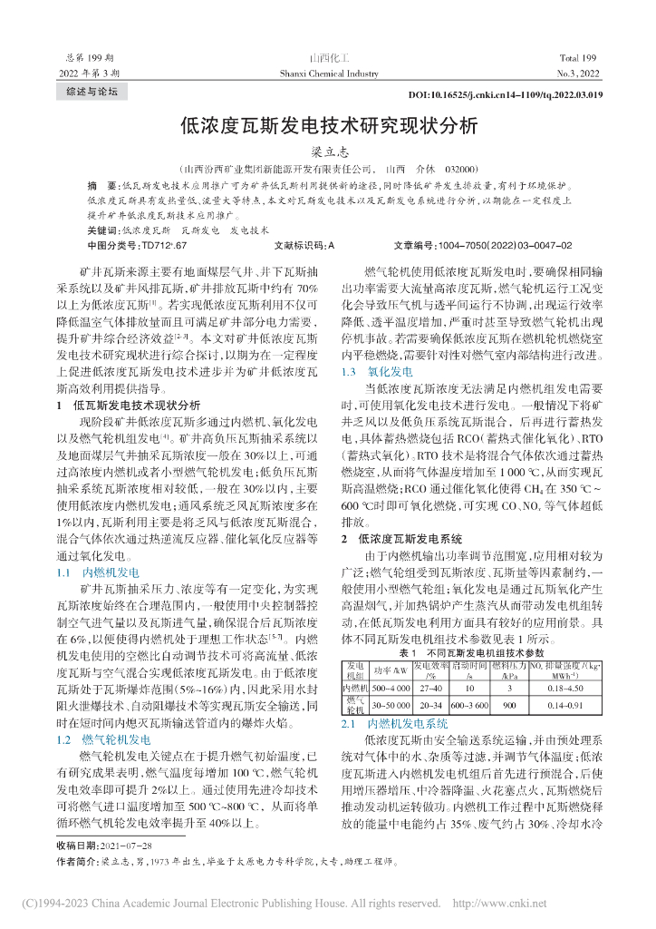 梁立志：低浓度瓦斯发电技术研究现状分析