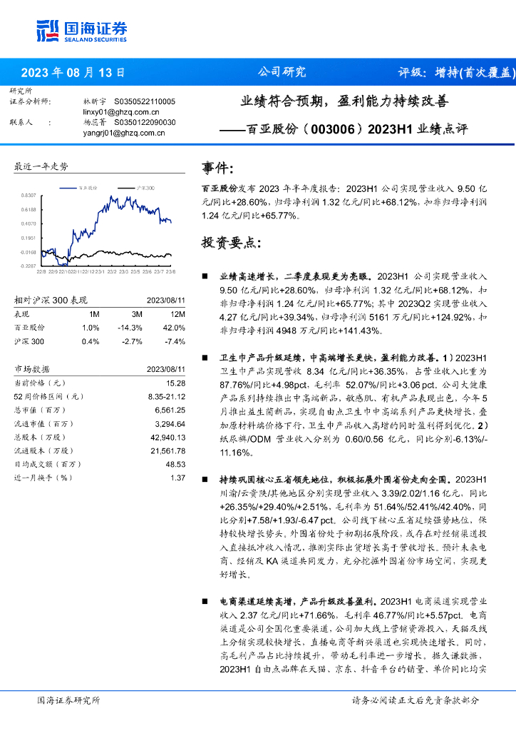 国海证券：百亚股份（003006）-2023H1业绩点评：业绩符合预期，盈利能力持续改善