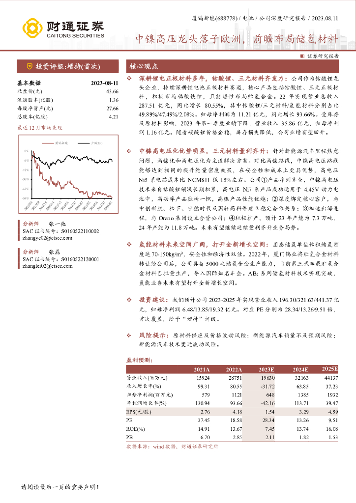 财通证券：厦钨<em>新能</em>（688778）-中镍高压龙头落子欧洲，前瞻布局储氢材料