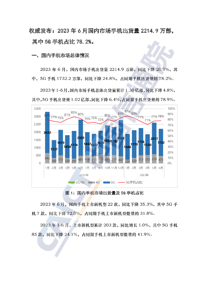 中国信通院：2023年6月国内手机市场运行分析报告