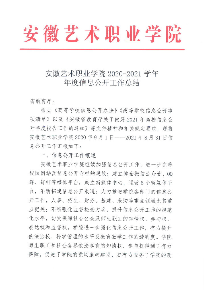 安徽艺术职业学院2020-2021学年年度信息公开工作总结
