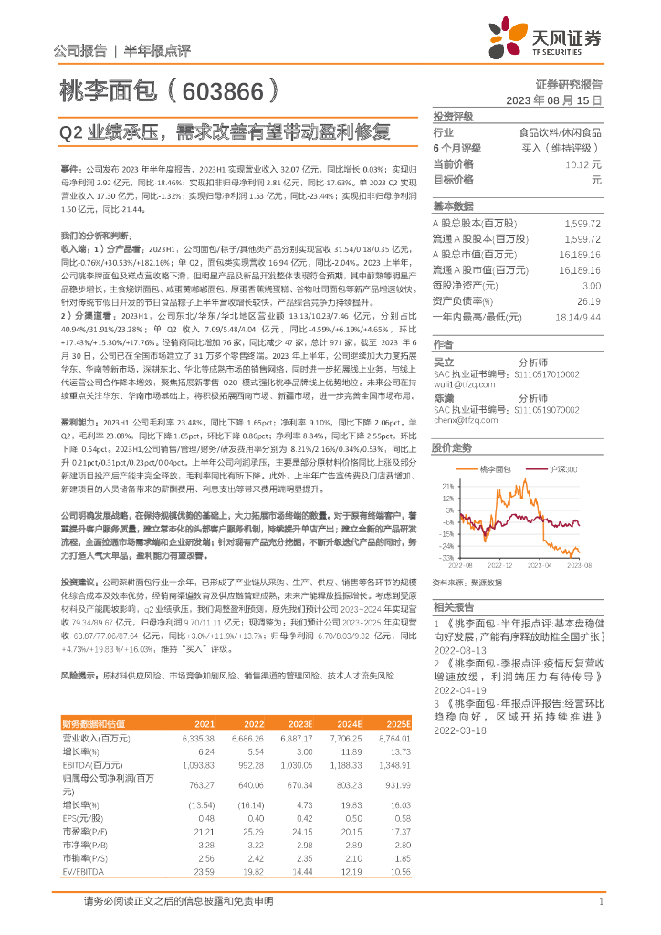 天风证券：桃李面包（603866）-Q2业绩承压，需求改善有望带动盈利修复