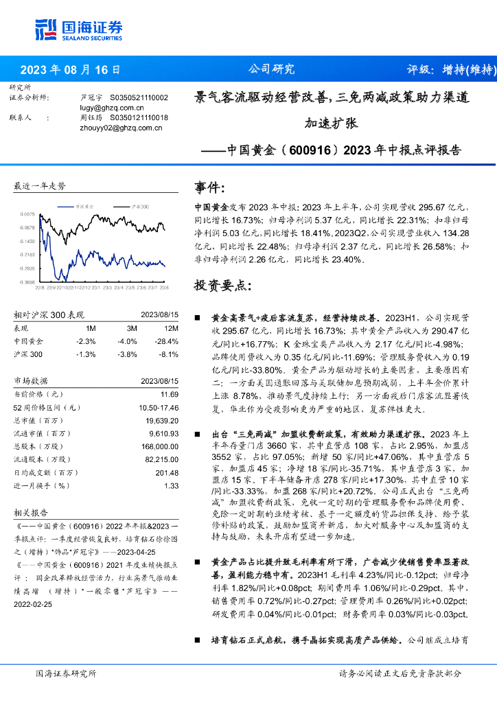 国海证券：中国黄金（600916）-2023年中报点评报告：景气客流驱动经营改善，三免两减政策助力渠道加速扩张