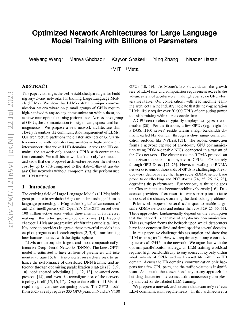 Optimized Network Architectures for Large Language Model Training with Billions of Parameters（英文版）
