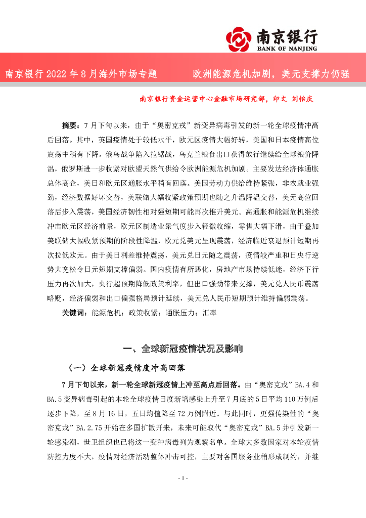 南京银行：欧洲<em>能源</em>危机加剧，美元支撑力仍强-2022年8月海外市场专题 海报