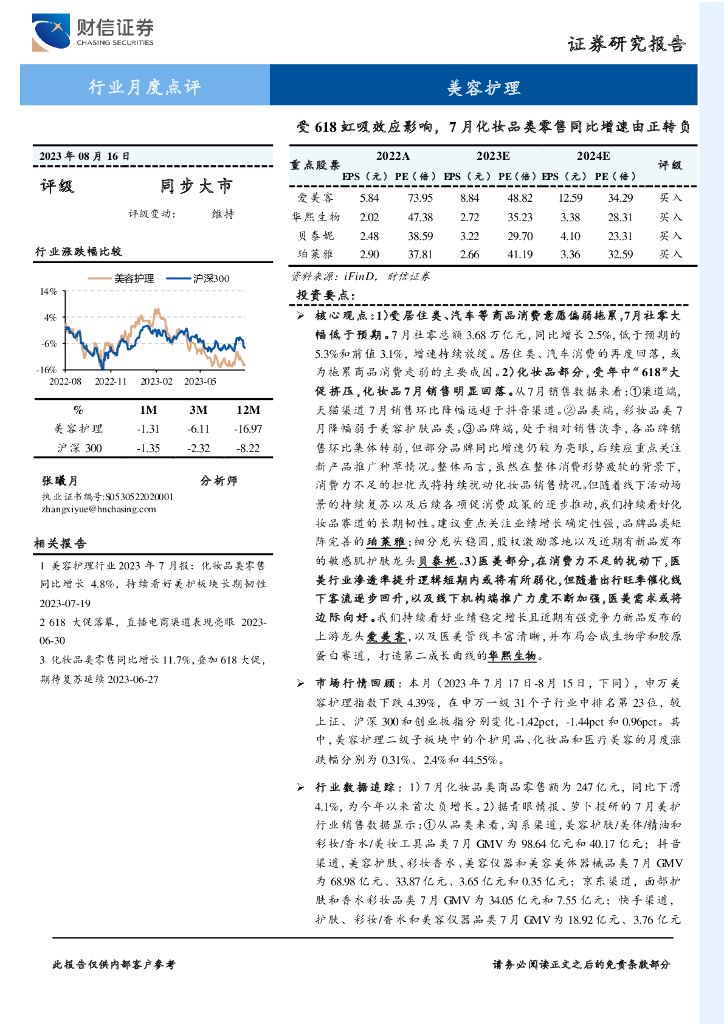 财信证券：美容护理行业月度点评：受618虹吸效应影响，7月化妆品类零售同比增速由正转负