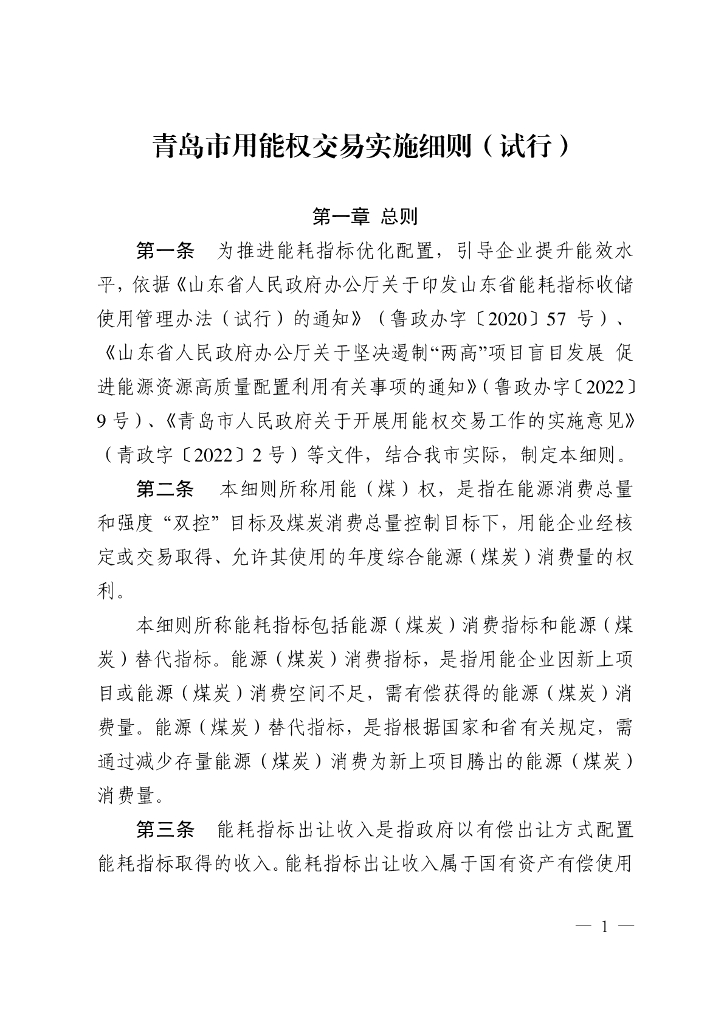 青岛市用能权交易实施细则（试行）（2022年）