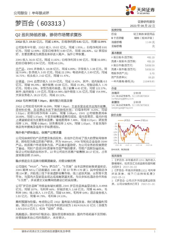 天风证券：梦百合（603313）-Q2盈利持续改善，静待市场需求复苏