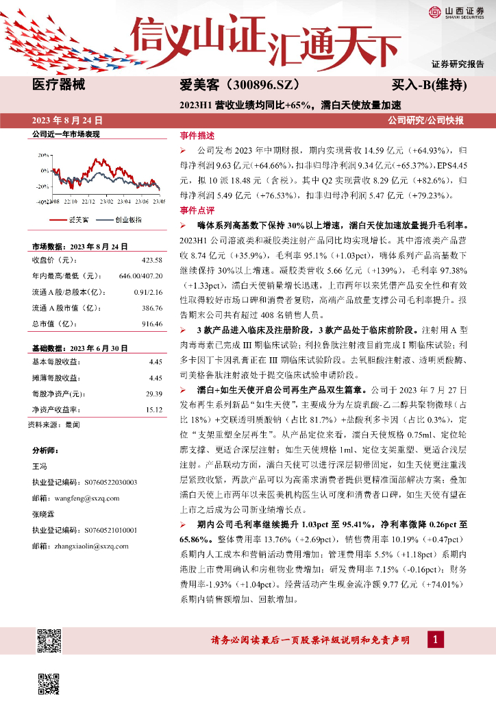 山西证券：爱美客（300896）-2023H1营收业绩均同比+65%，濡白天使放量加速