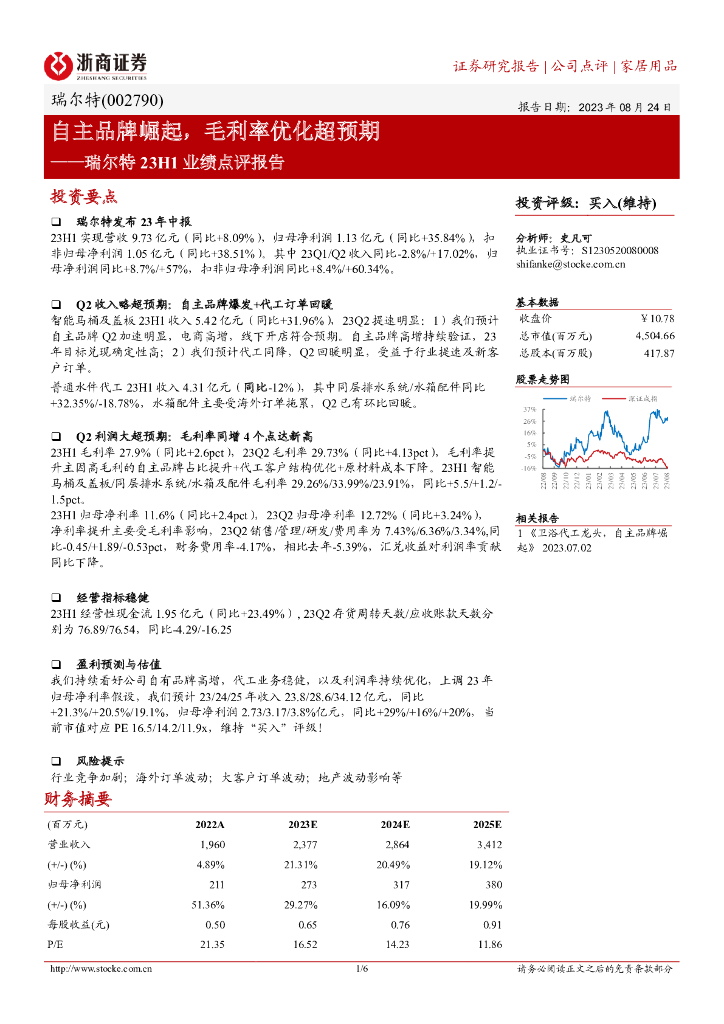 浙商证券：瑞尔特23H1业绩点评报告：自主品牌崛起，毛利率优化超预期
