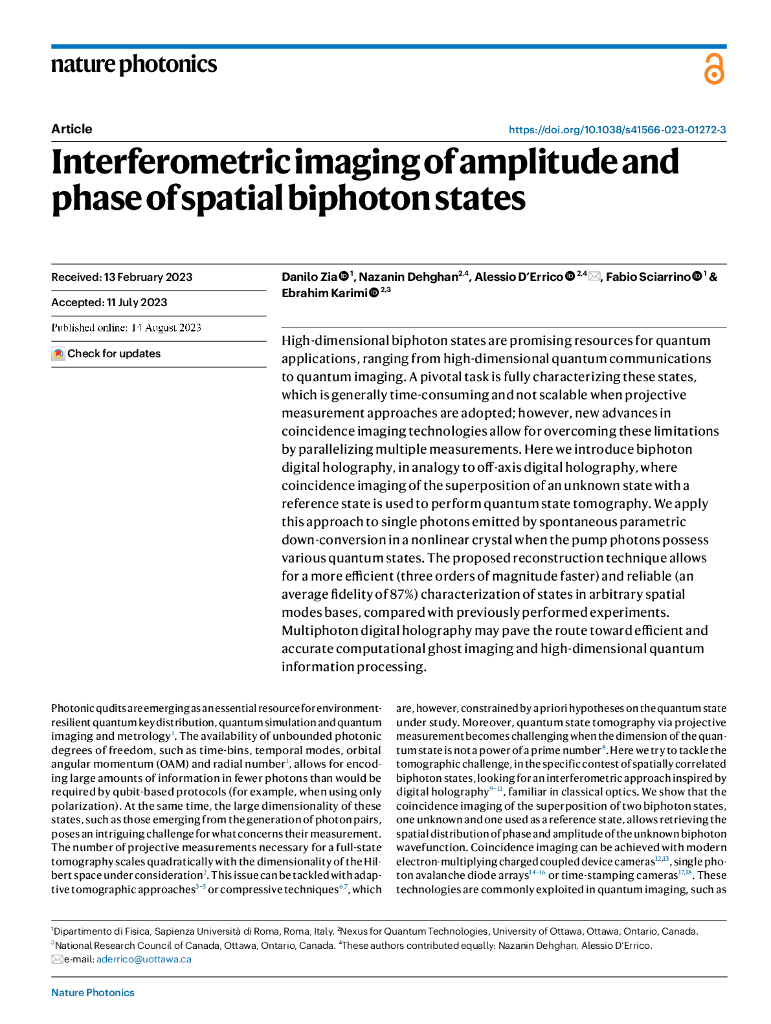 科学家实现量子纠缠可视化论文原文：Interferometric imaging of amplitude and phase of spatial biphoton states