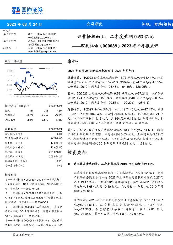 国海证券：深圳机场（000089）-2023年半年报点评：经营拾级而上，二季度盈利0.53亿元