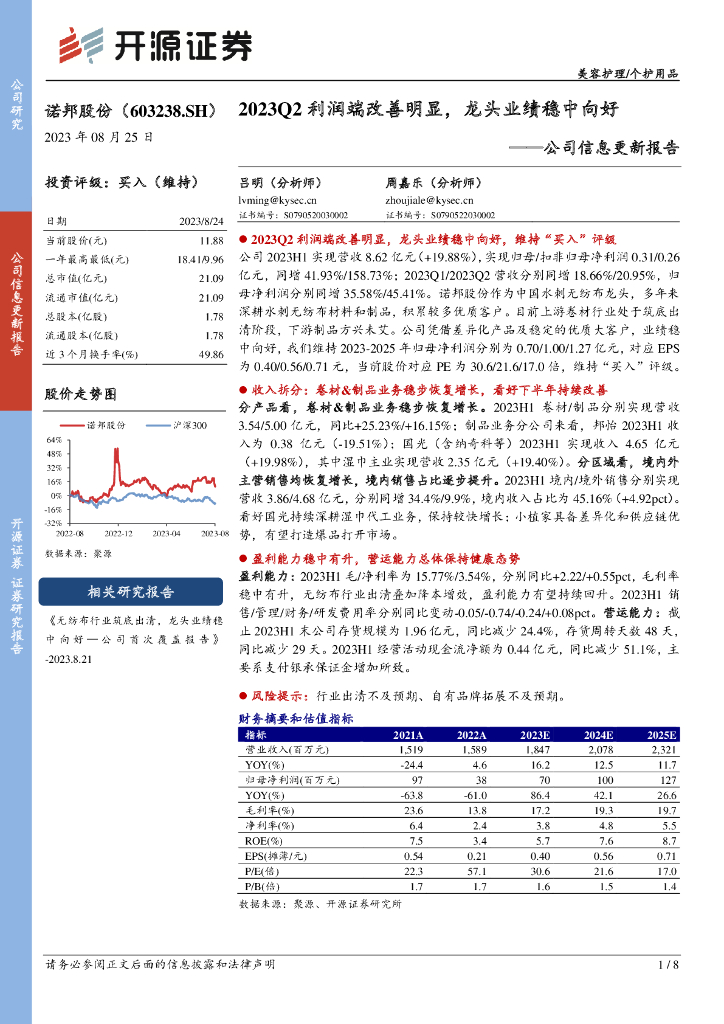 开源证券：诺邦股份（603238）-公司信息更新报告：2023Q2利润端改善明显，龙头业绩稳中向好