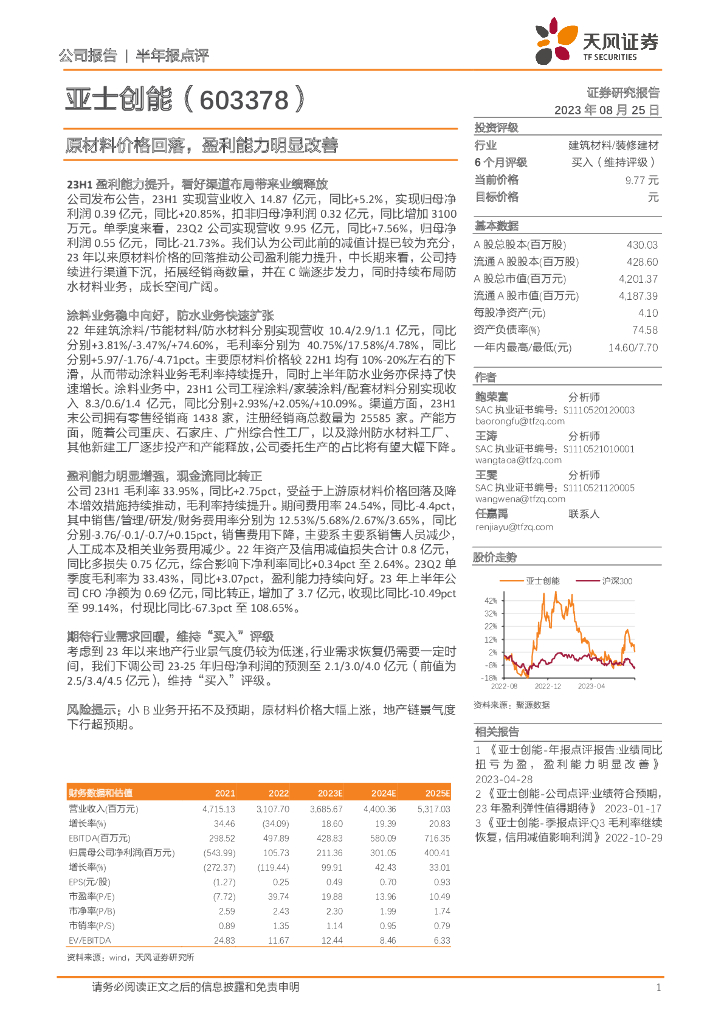 天风证券：亚士创能（603378）-原材料价格回落，盈利能力明显改善