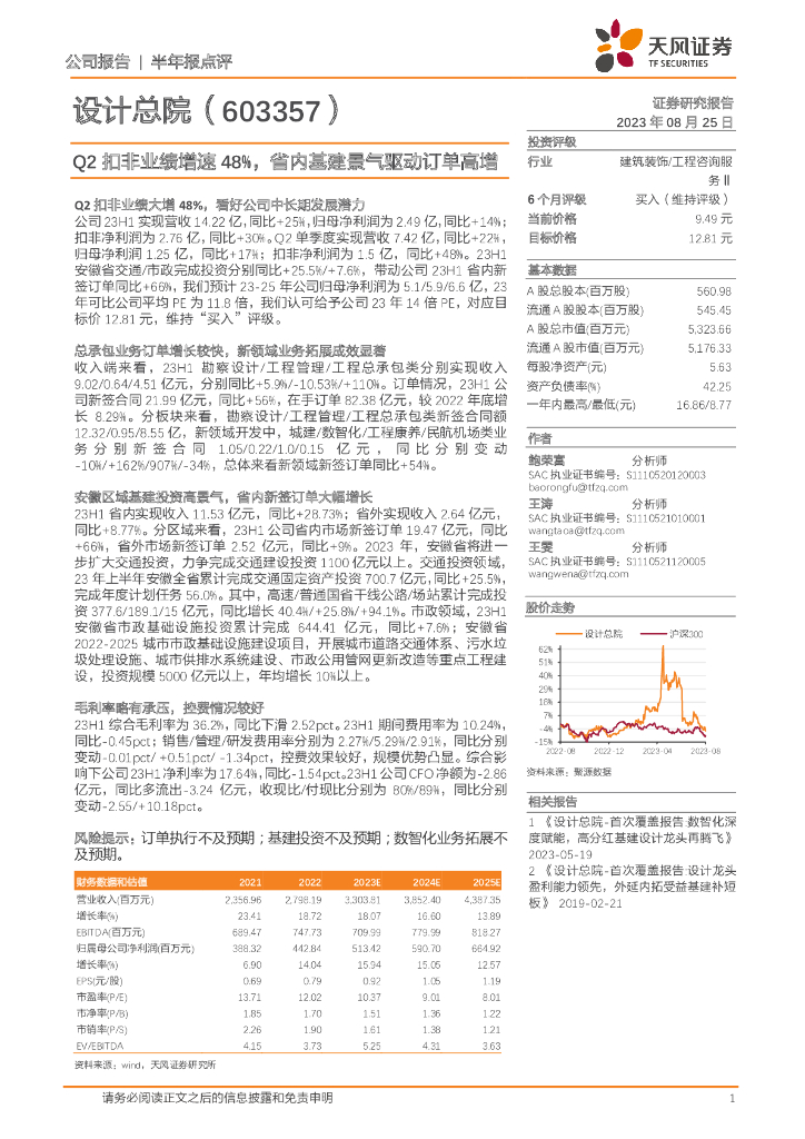 天风证券：设计总院（603357）-Q2扣非业绩增速48%，省内基建景气驱动订单高增