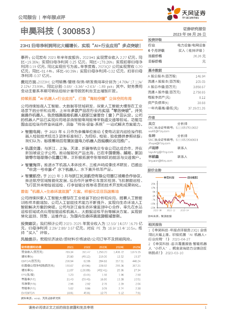天风证券：申昊科技（300853）-23H1归母净利润同比大幅增长，实现“AI+行业应用”多点突破！