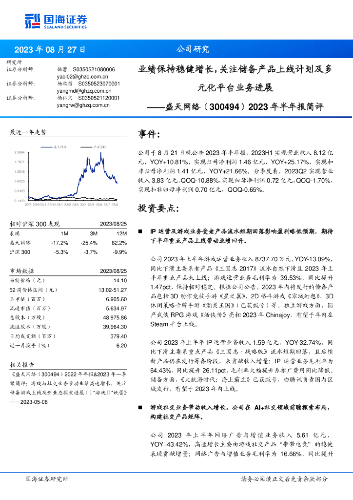 国海证券：盛天网络（300494）-2023年半年报简评：业绩保持稳健增长，关注储备产品上线计划及多元化平台业务进展