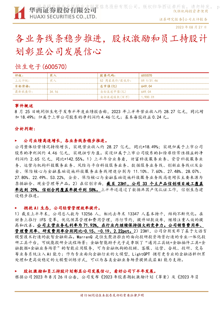 华西证券：恒生电子（600570）-各业务线条稳步推进，股权激励和员工持股计划彰显公司发展信心