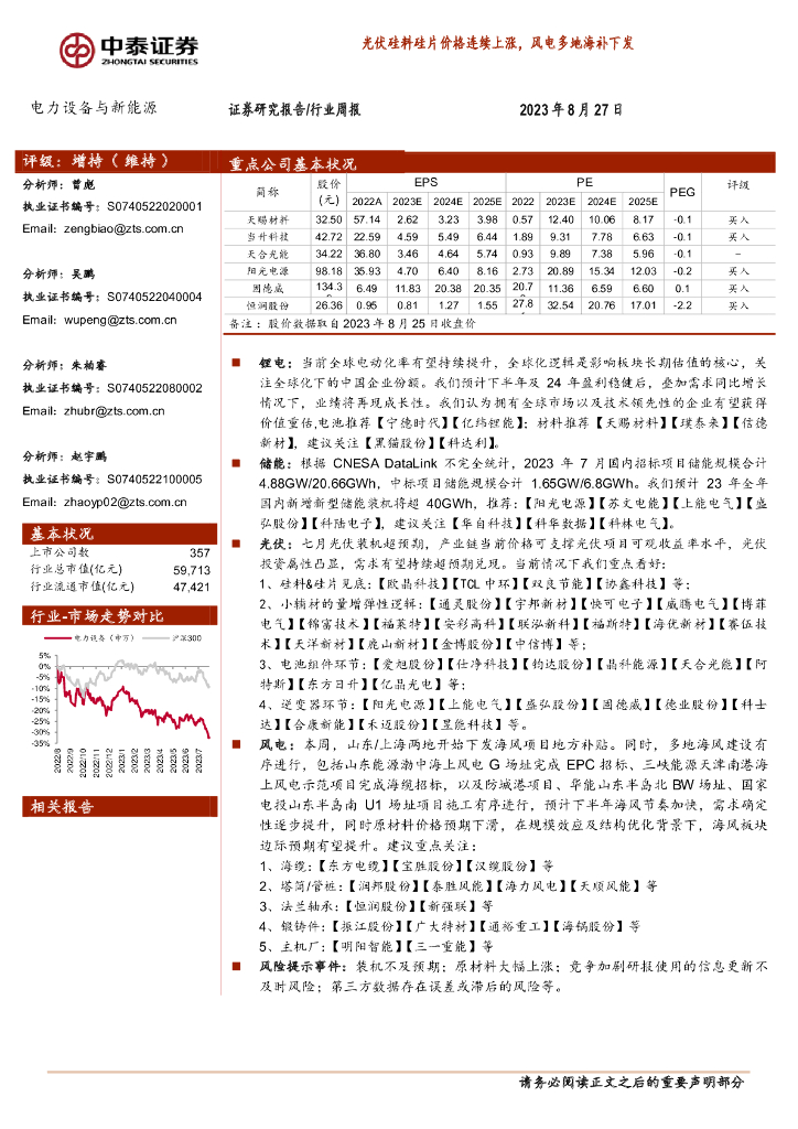 中泰证券：电力设备与新能源行业周报：光伏硅料硅片价格连续上涨，风电多地海补下发