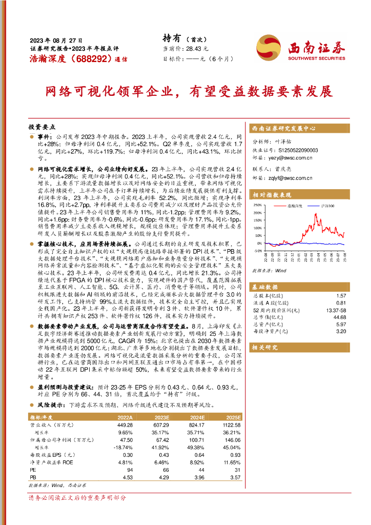 西南证券：浩瀚深度（688292）-网络可视化领军企业，有望受益数据要素发展