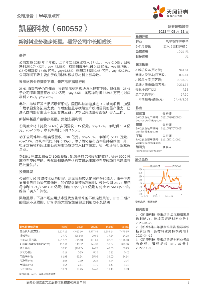 天风证券：凯盛科技（600552）-新材料业务稳步拓展，看好公司中长期成长