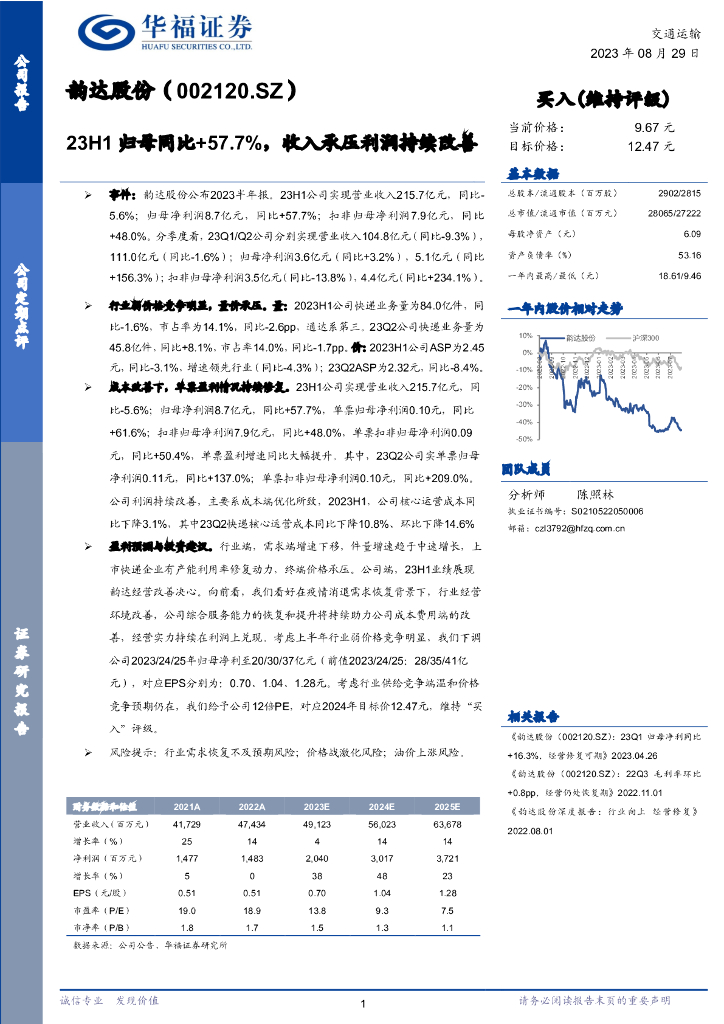 华福证券：韵达股份（002120）-23H1归母同比+57.7%，收入承压利润持续改善