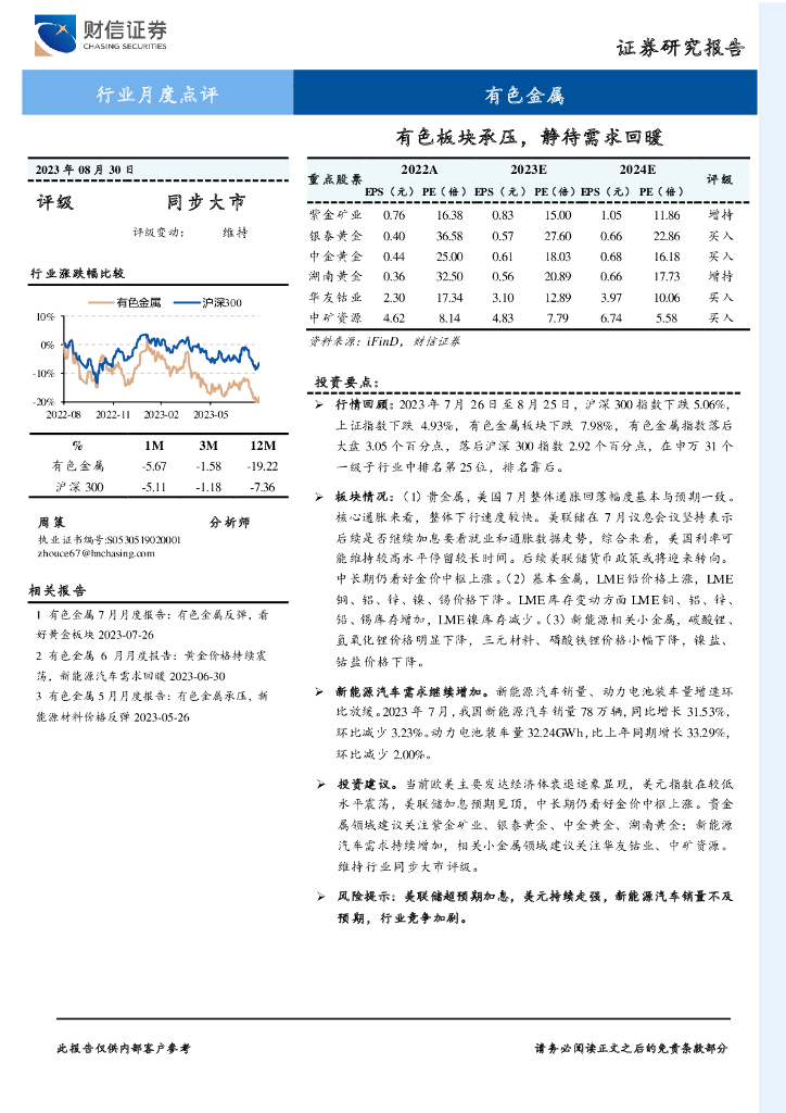 财信证券：有色金属行业月度点评：有色板块承压，静待需求回暖