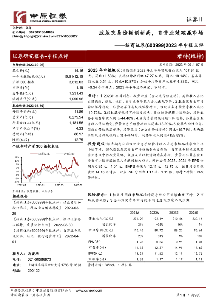 中原证券：招商证券（600999）-2023年中报点评：股基交易份额创新高，自营业绩跑赢市场
