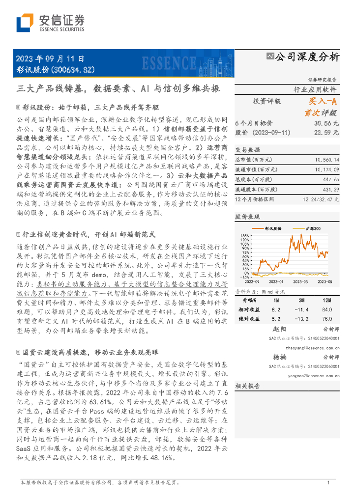 安信证券：彩讯股份（300634）-三大产品线铸基，数据要素、AI与信创多维共振