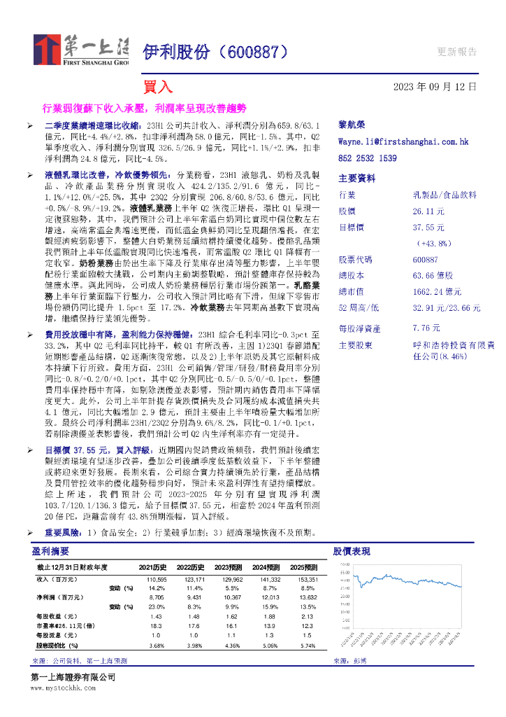 第一上海证券：伊利股份（600887）-行业弱复苏下收入承压，利润率呈现改善趋势