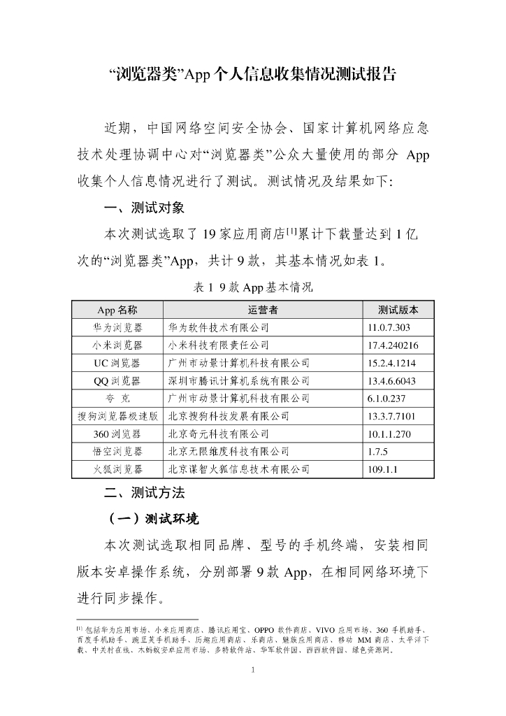 中国网络空间安全协会：“浏览器类”App个人信息收集情况测试报告