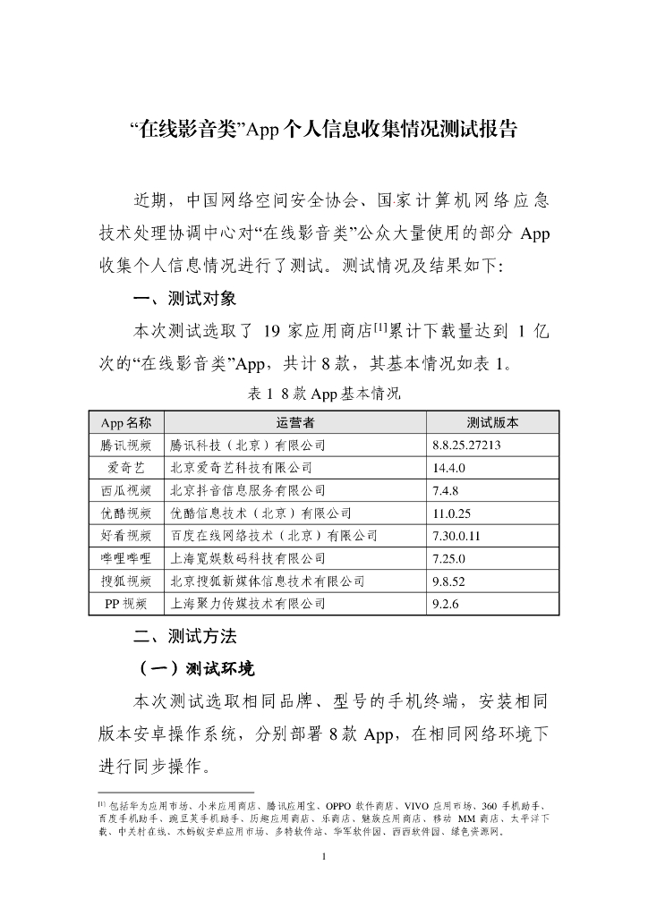 中国网络空间安全协会：“在线影音类”App个人信息收集情况测试报告