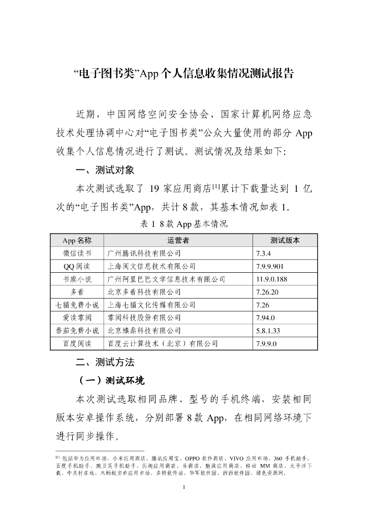 中国网络空间安全协会：“电子图书类”App个人信息收集情况测试报告