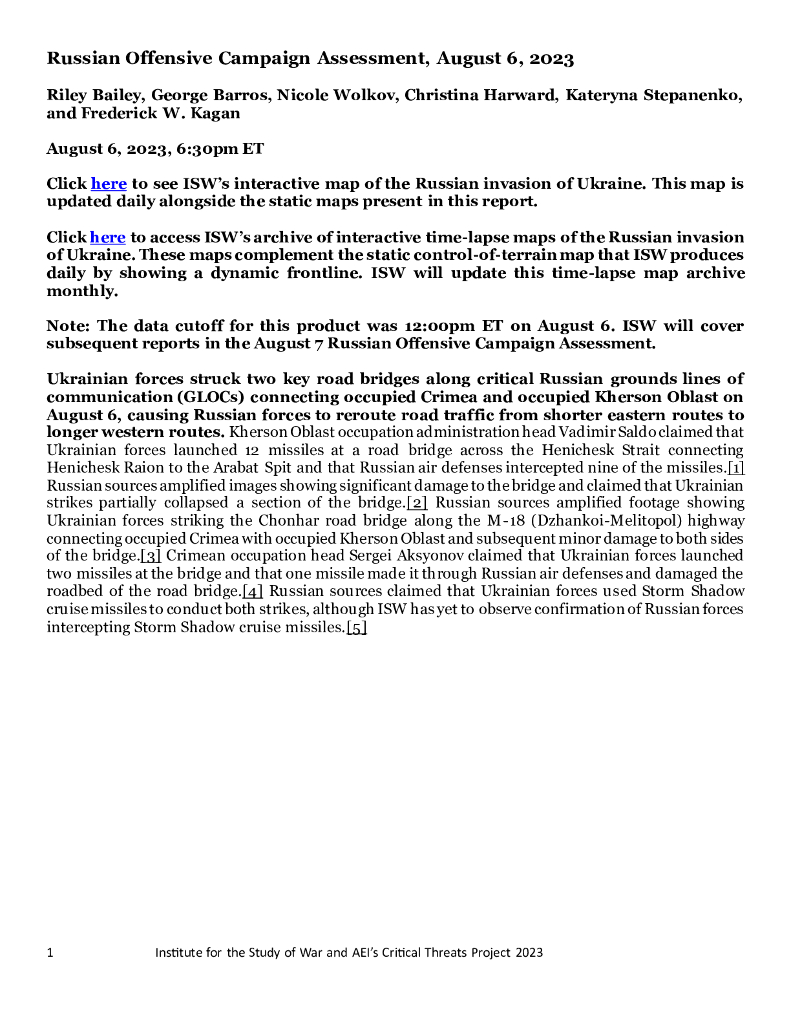 美国战争研究所（ISW）：俄罗斯进攻战役评估，2023年8月6日（英文版）