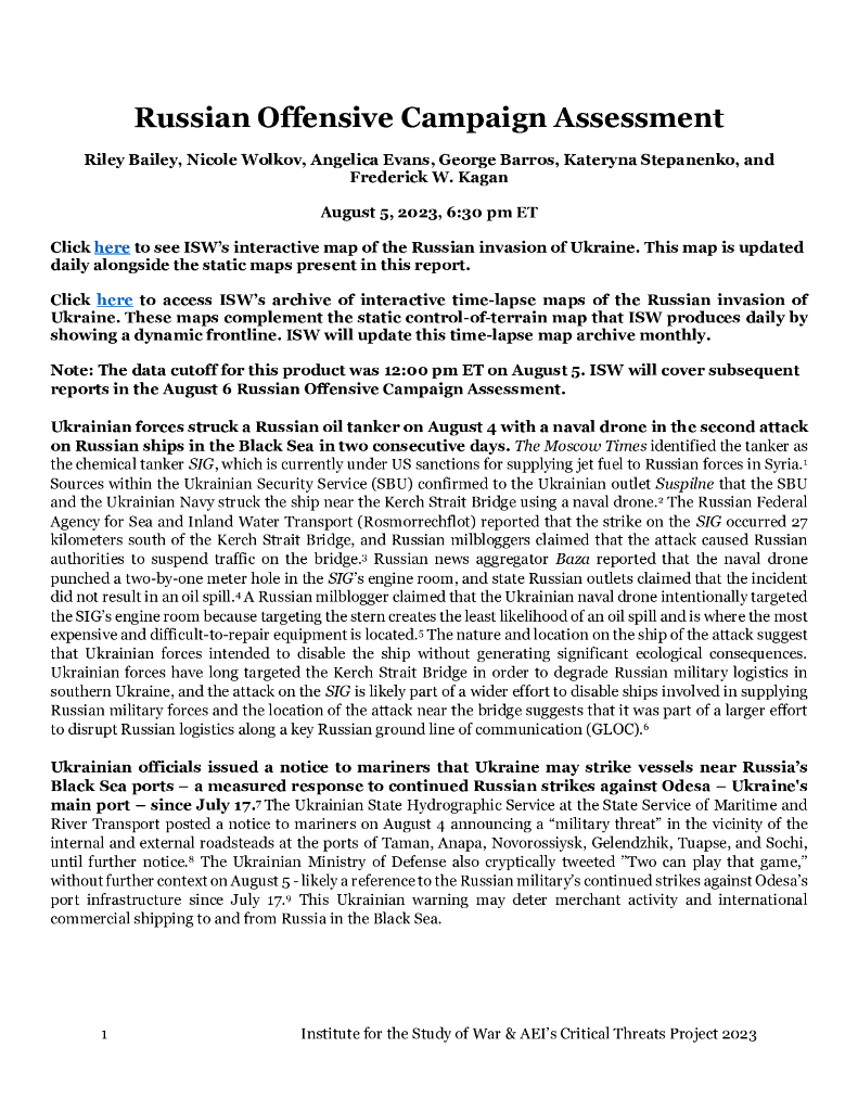 美国战争研究所（ISW）：俄罗斯进攻战役评估，2023年8月5日（英文版）