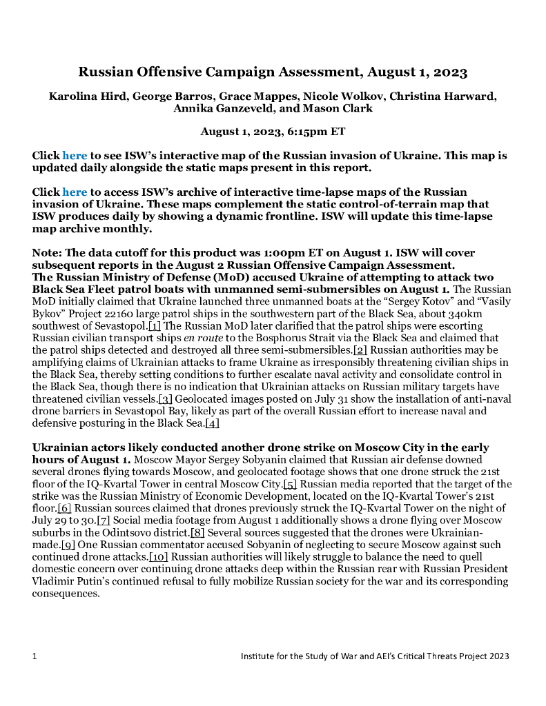 美国战争研究所（ISW）：俄罗斯进攻战役评估，2023年8月1日（英文版）