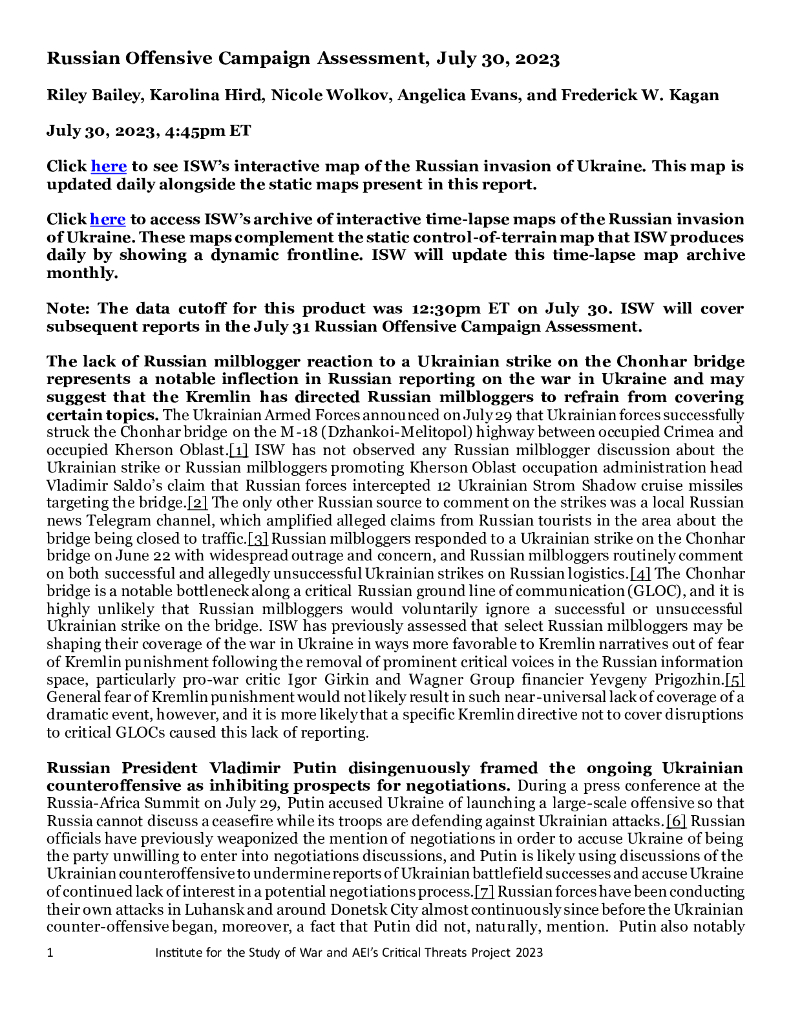 美国战争研究所（ISW）：俄罗斯进攻战役评估，2023年7月30日（英文版）