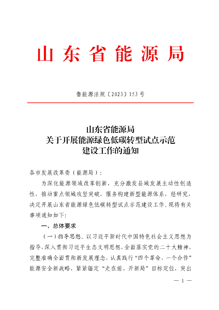 山东省能源局关于开展能源绿色低碳转型试点示范建设工作的通知（附大纲）