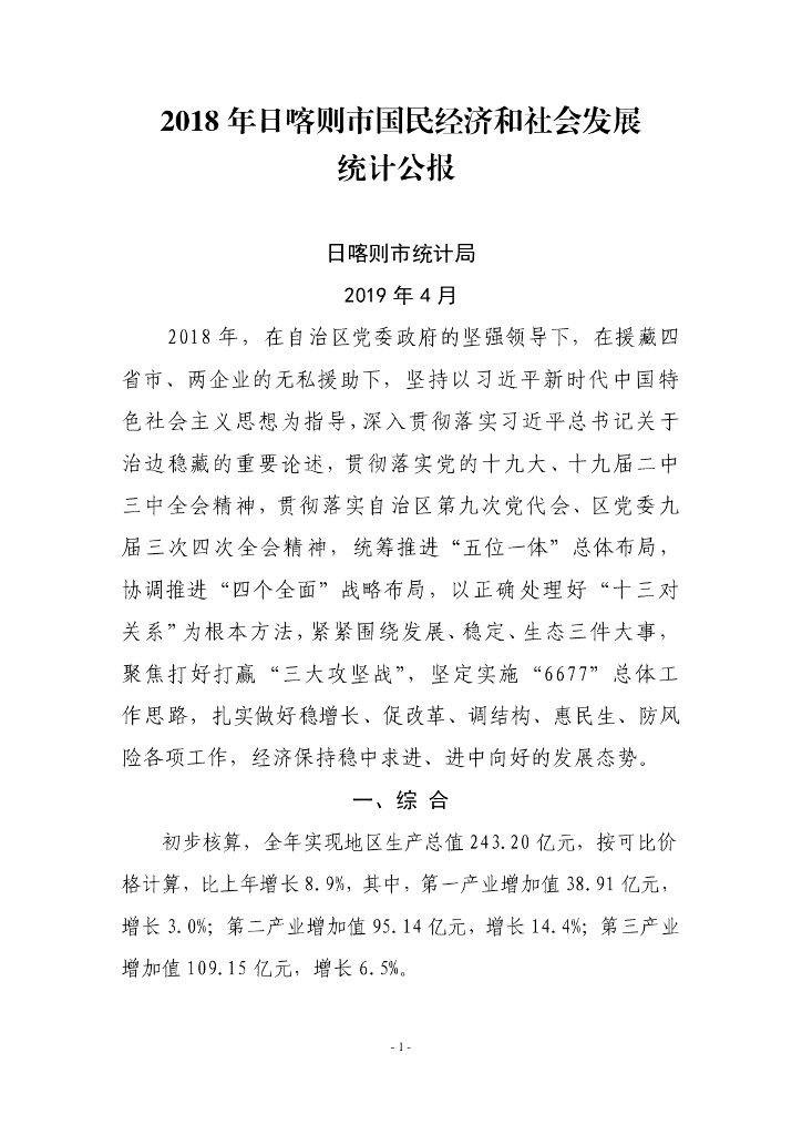 日喀则市2018年国民经济和社会发展统计公报