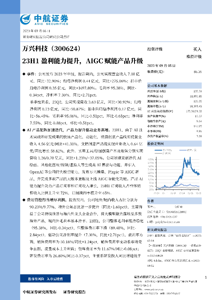 中航证券：万兴科技（300624）-23H1盈利能力提升，AIGC赋能产品升级