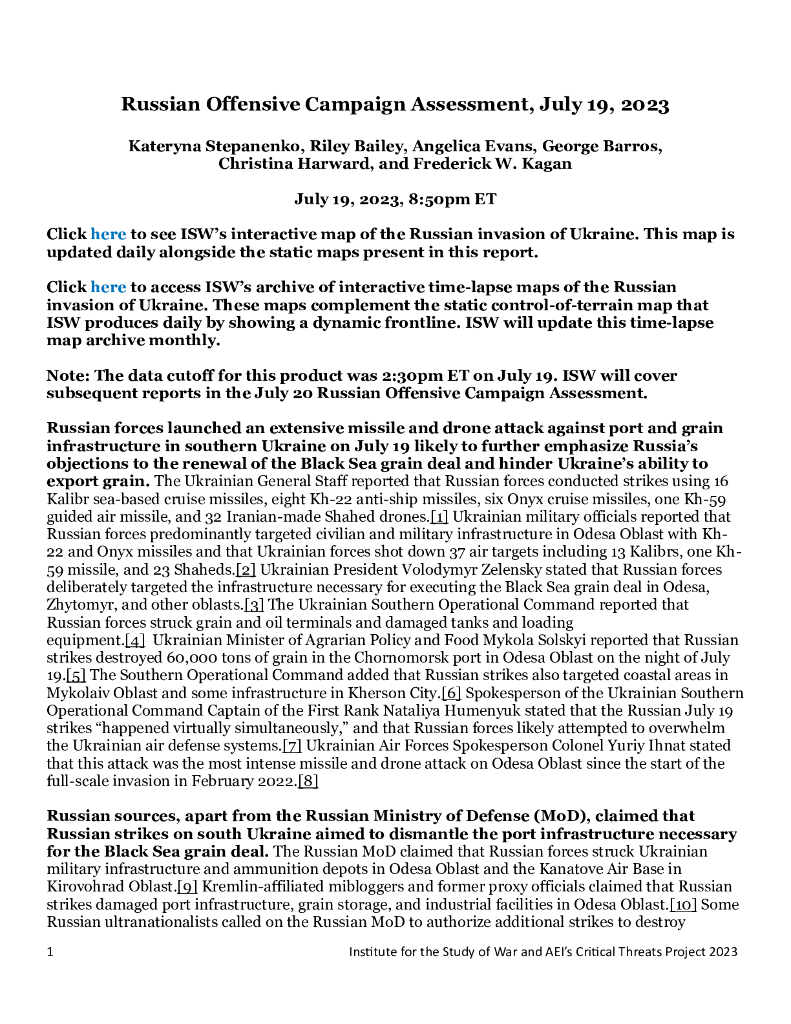 美国战争研究所（ISW）：俄罗斯进攻战役评估，2023年7月19日（英文版）