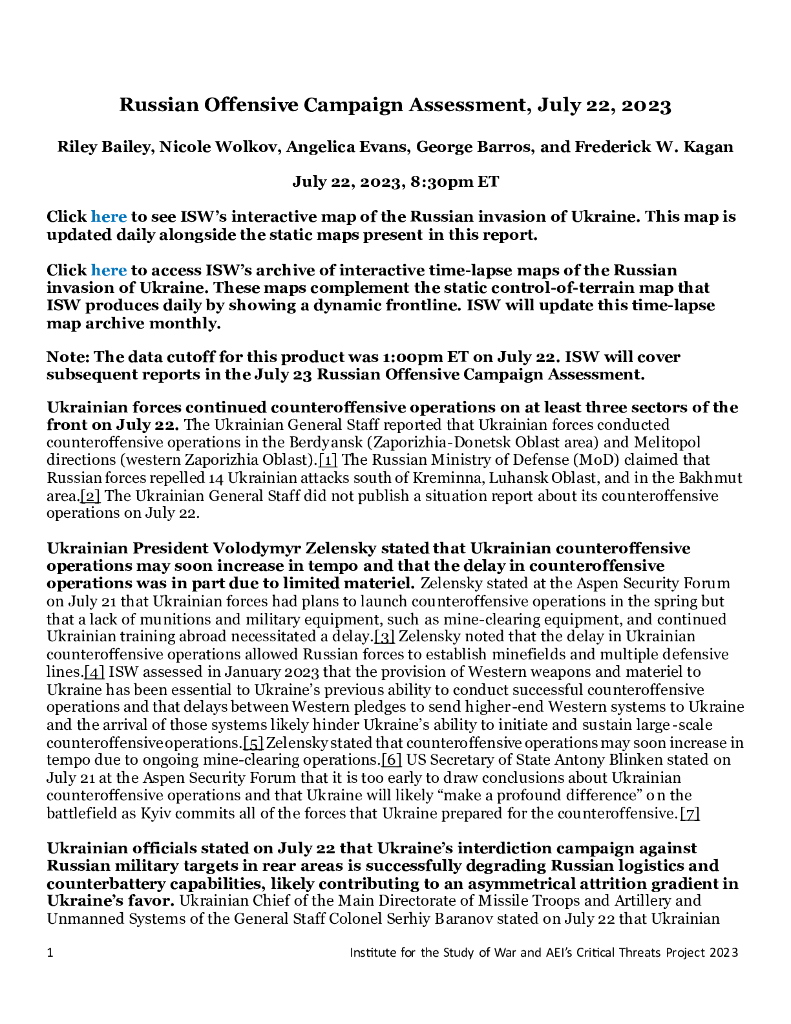 美国战争研究所（ISW）：俄罗斯进攻战役评估，2023年7月22日（英文版）