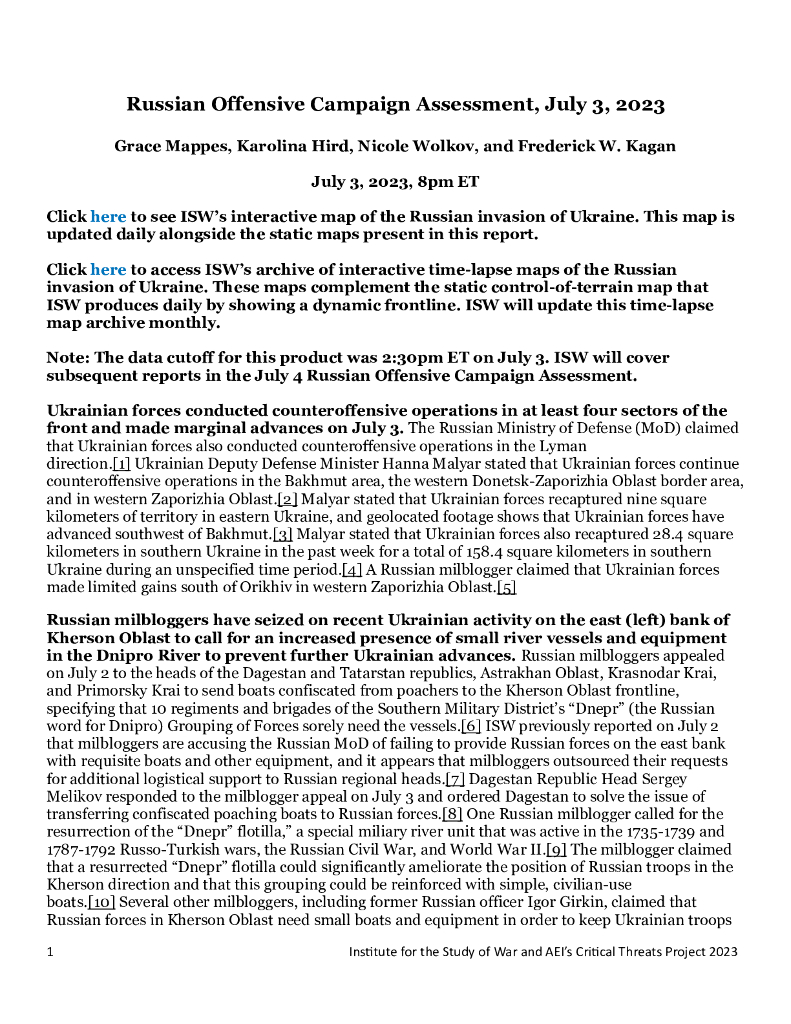美国战争研究所（ISW）：俄罗斯进攻战役评估，2023年7月3日（英文版）