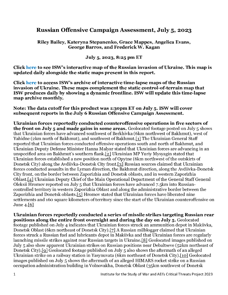 美国战争研究所（ISW）：俄罗斯进攻战役评估，2023年7月5日（英文版）