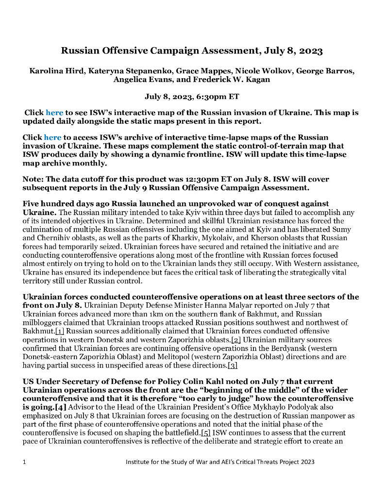美国战争研究所（ISW）：俄罗斯进攻战役评估，2023年7月8日（英文版）