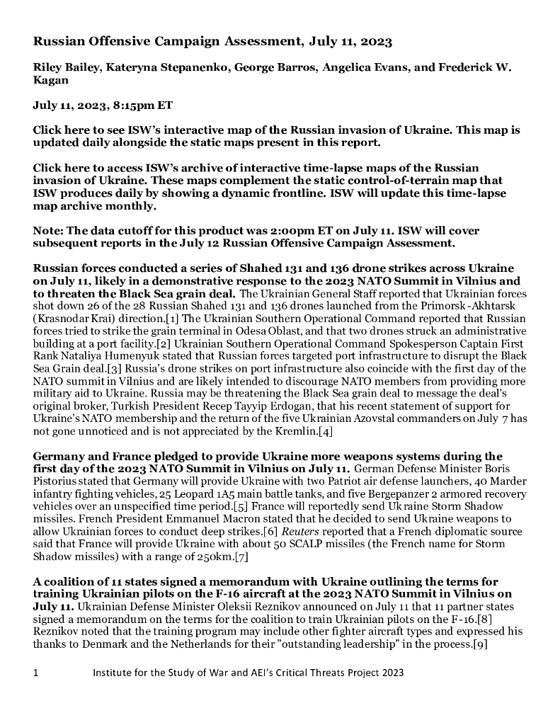 美国战争研究所（ISW）：俄罗斯进攻战役评估，2023年7月11日（英文版）