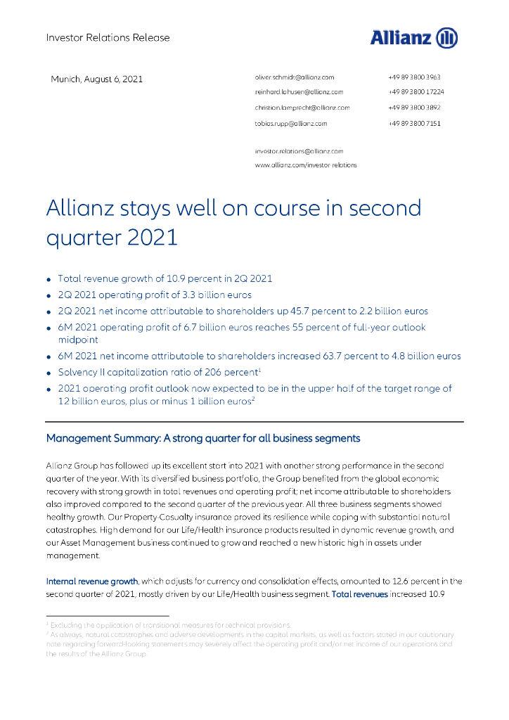 安联保险集团（ALLIANZ）2021年第二季度财报（英文版）